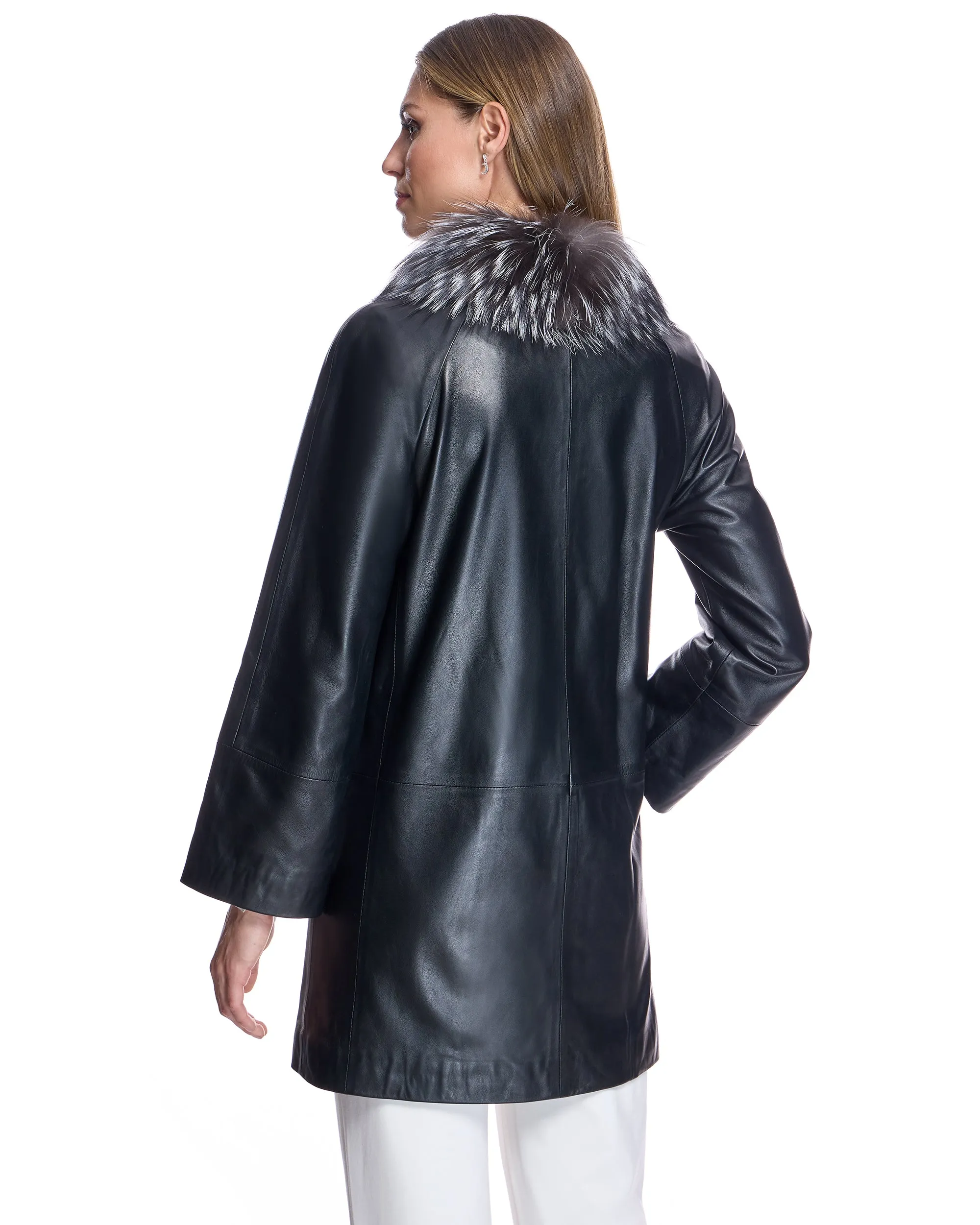 Leather Coat with Silver Fox Collar