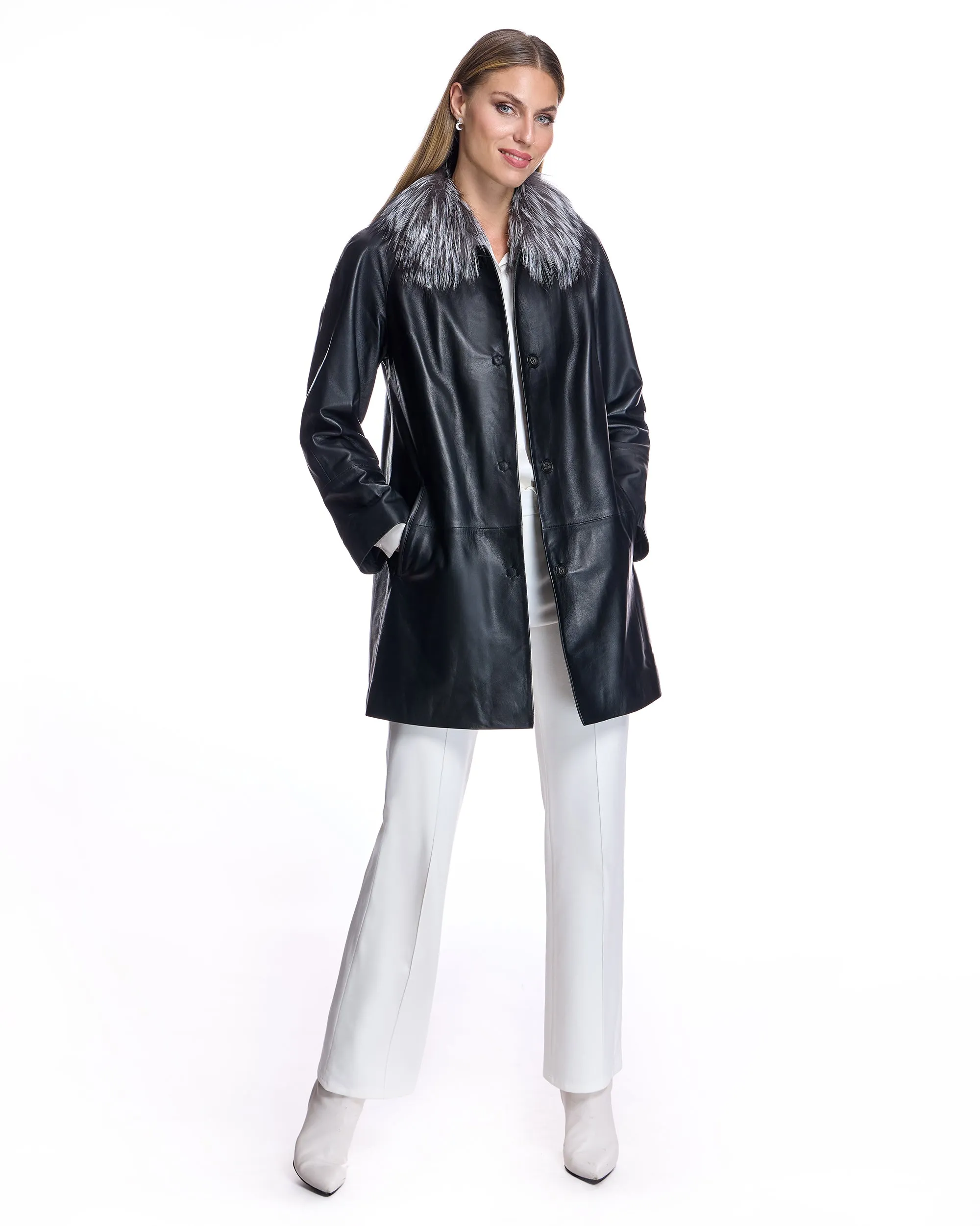 Leather Coat with Silver Fox Collar