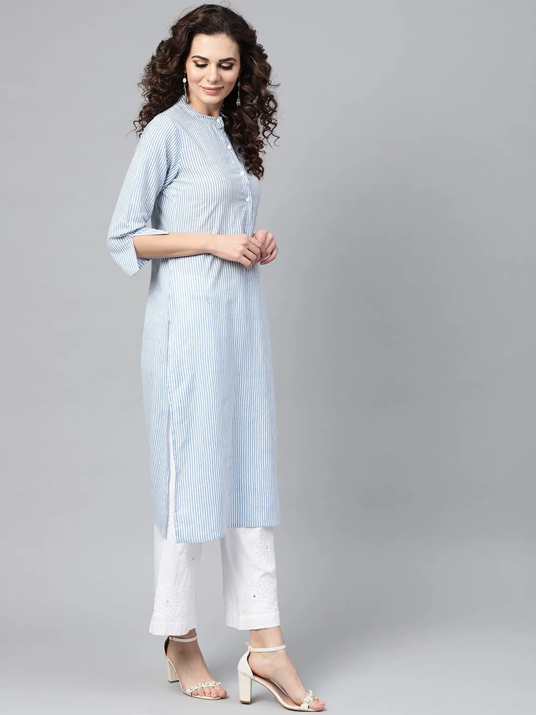 Light Blue Stripped Straight Kurta With Mandarin Collar & 3/4 Sleeves