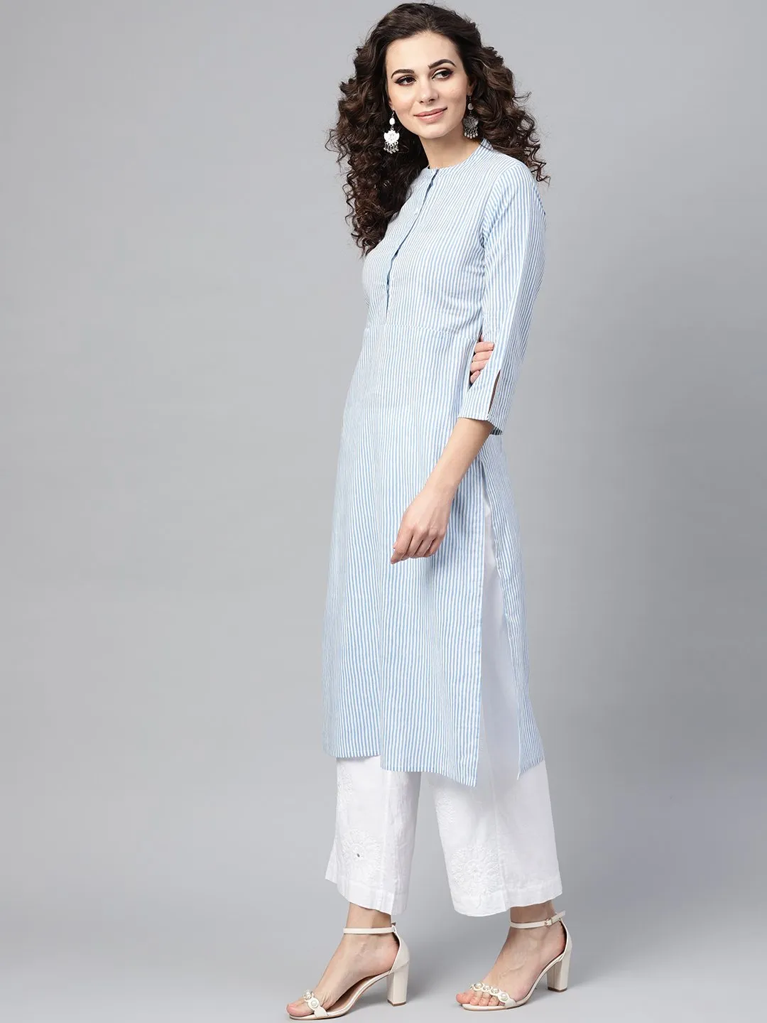 Light Blue Stripped Straight Kurta With Mandarin Collar & 3/4 Sleeves