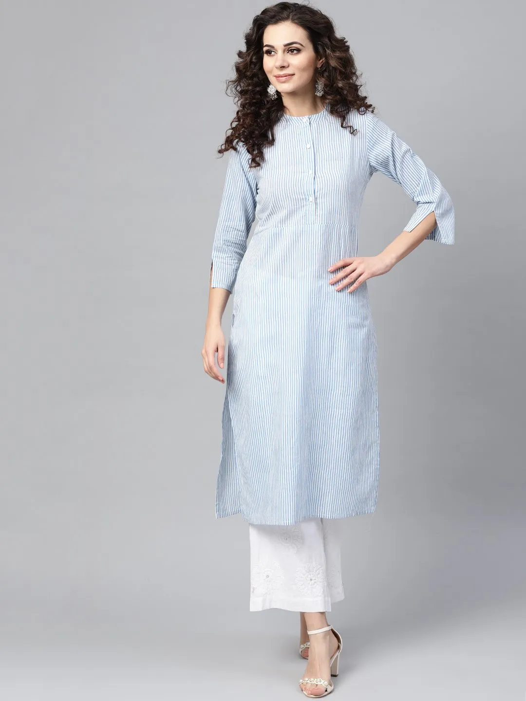 Light Blue Stripped Straight Kurta With Mandarin Collar & 3/4 Sleeves