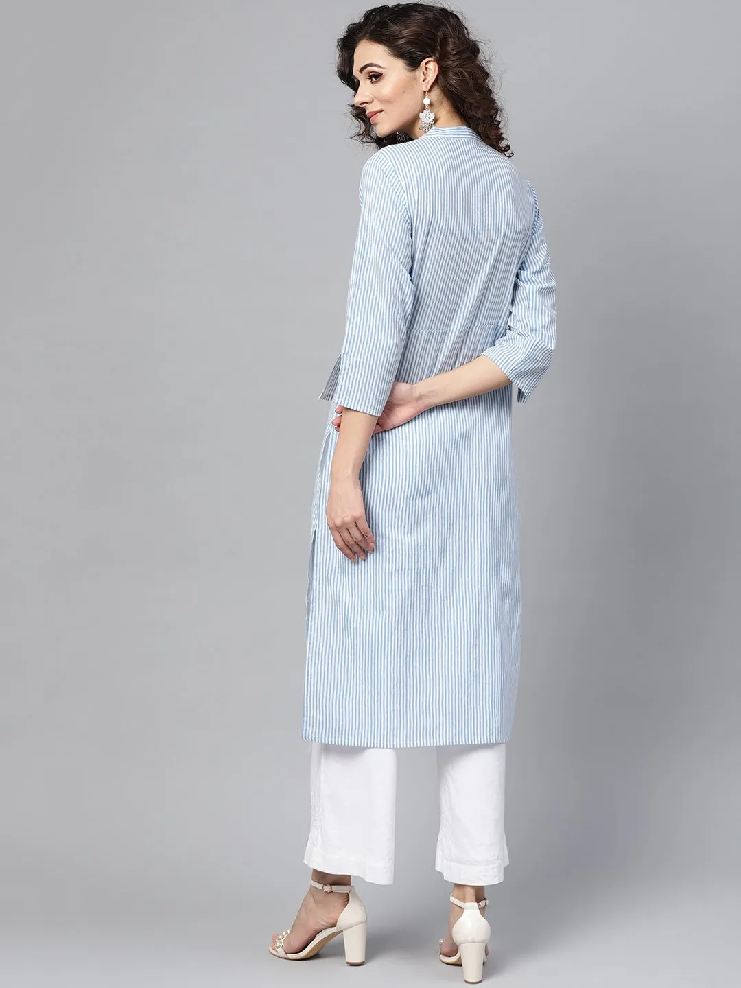 Light Blue Stripped Straight Kurta With Mandarin Collar & 3/4 Sleeves