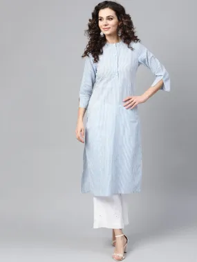 Light Blue Stripped Straight Kurta With Mandarin Collar & 3/4 Sleeves