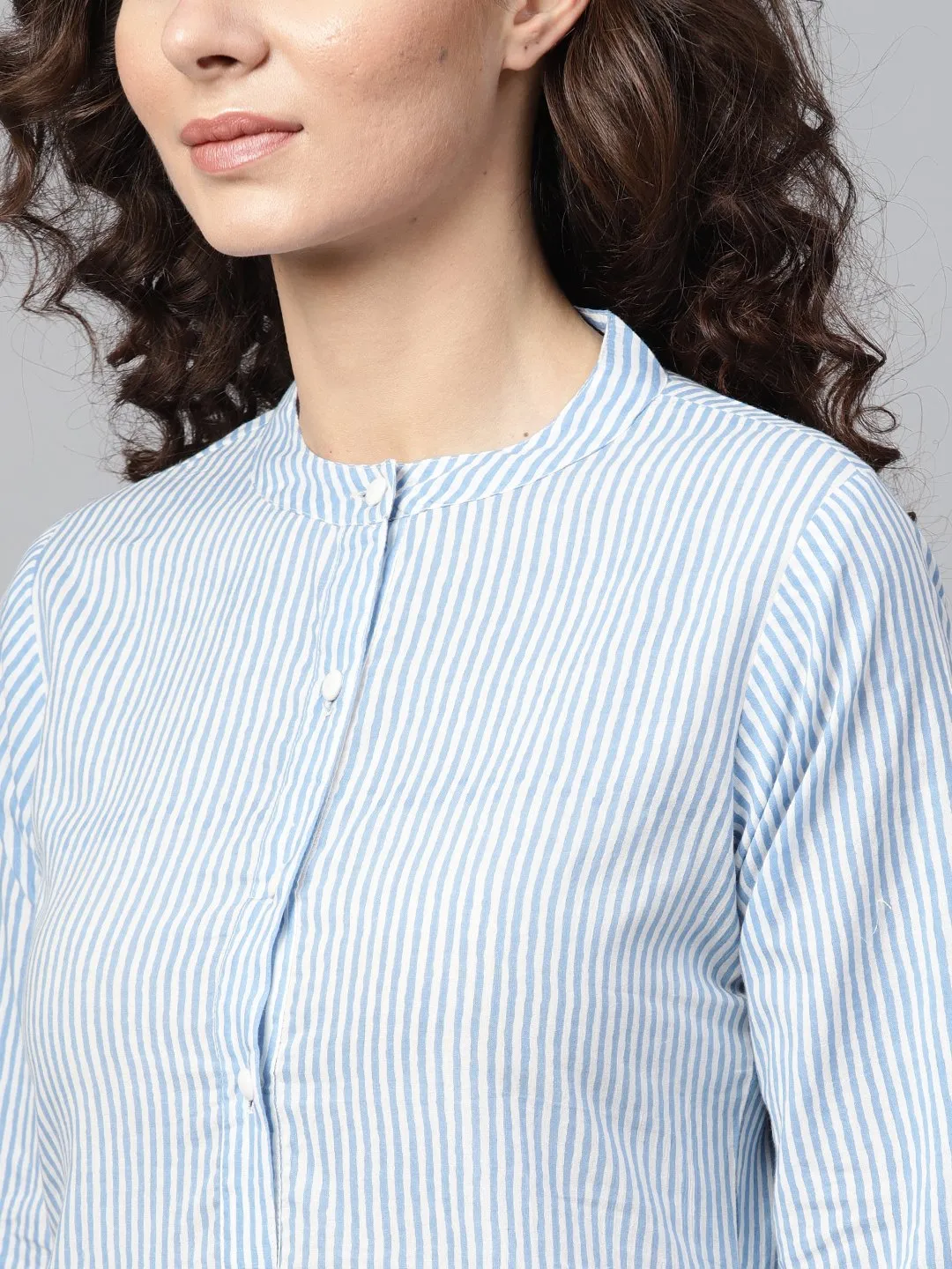 Light Blue Stripped Straight Kurta With Mandarin Collar & 3/4 Sleeves