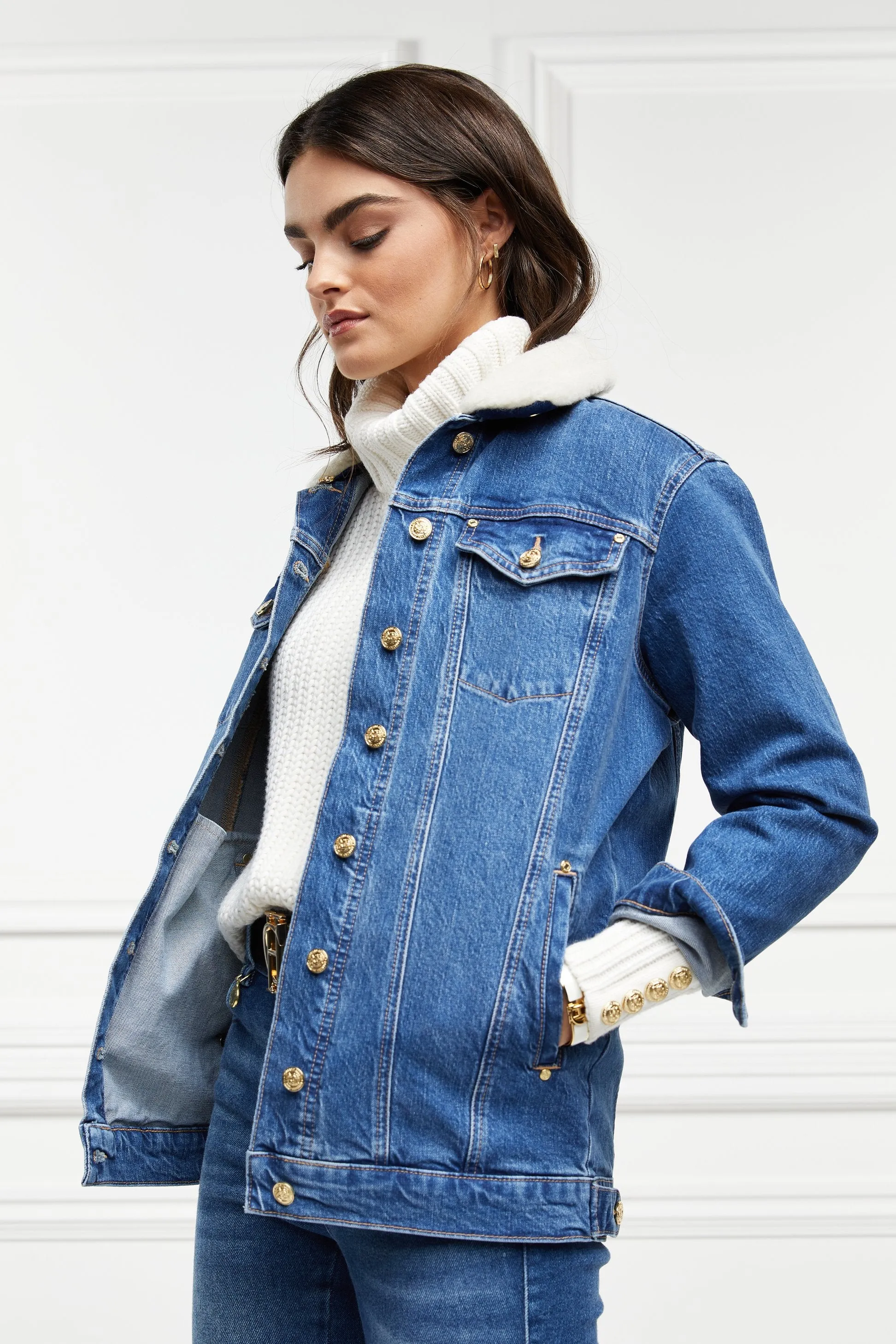 Longline Denim Jacket - Classic Indigo Sherpa