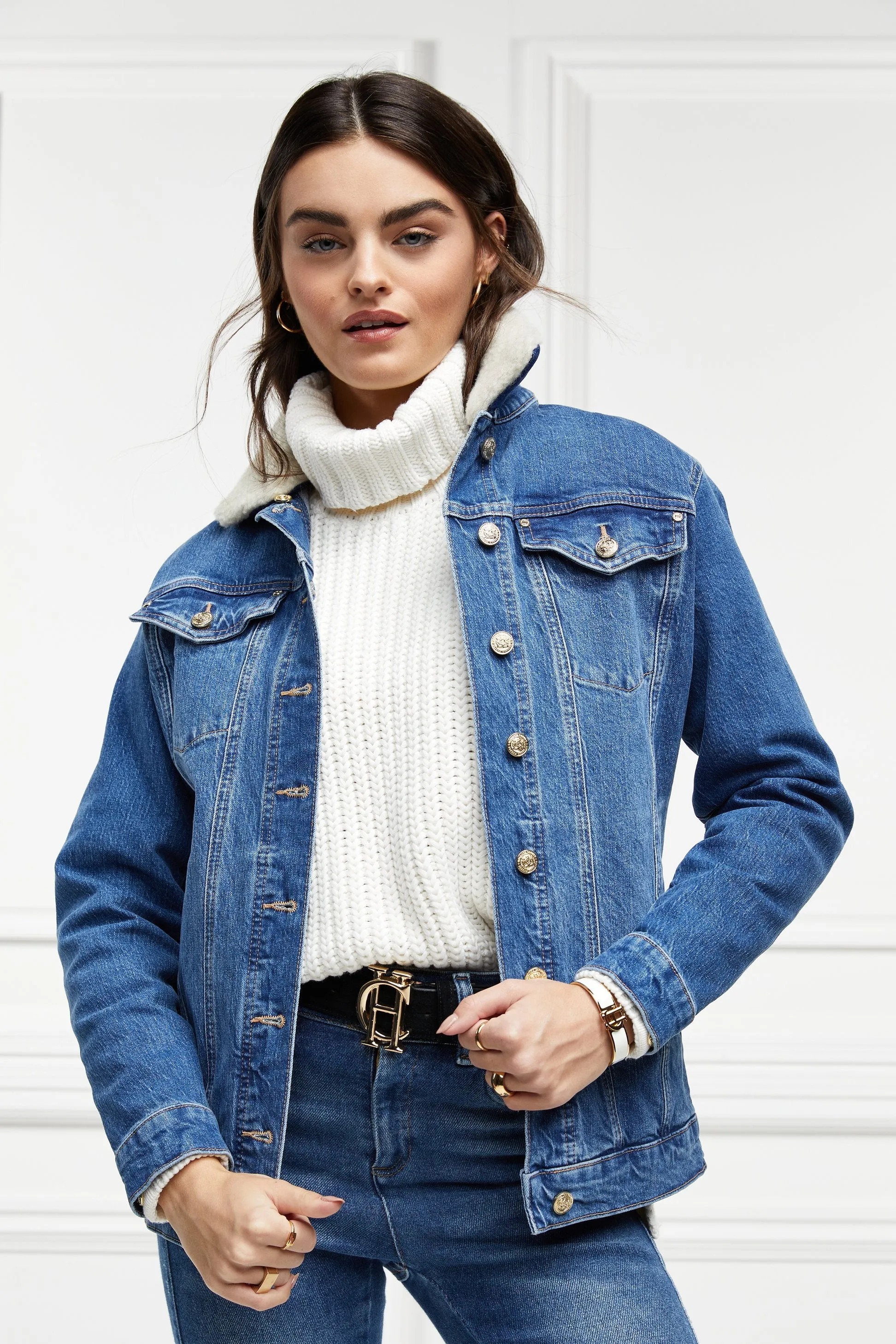 Longline Denim Jacket - Classic Indigo Sherpa