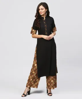 Madarin Collar And Front Placket Cotton Kurta With Ankle Length Printed Palazzo
