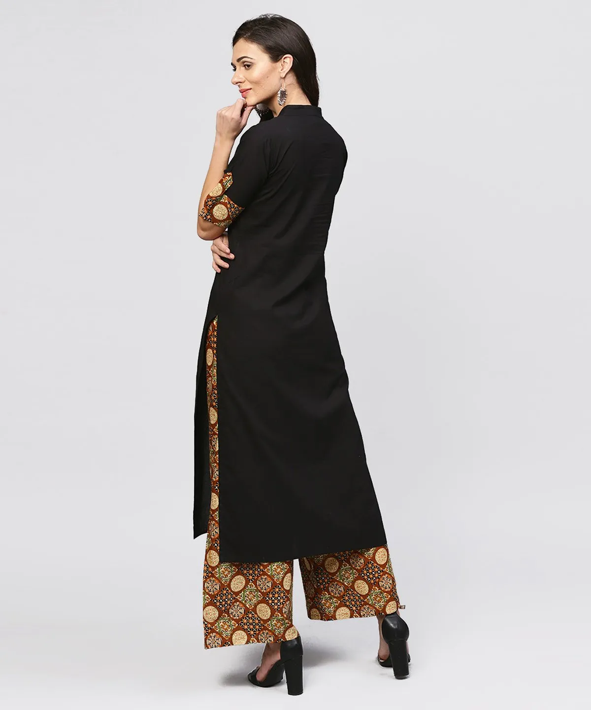Madarin Collar And Front Placket Cotton Kurta With Ankle Length Printed Palazzo