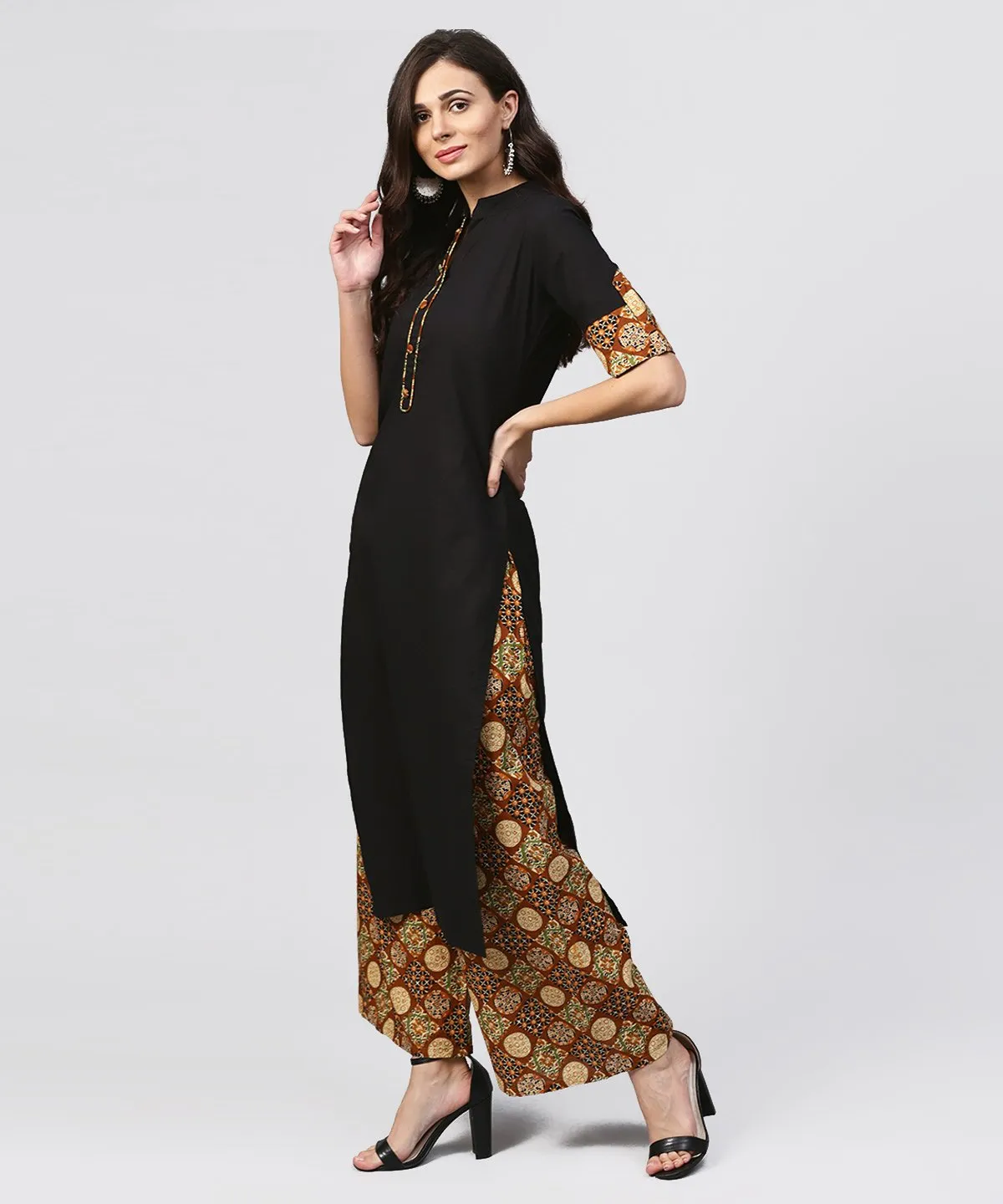 Madarin Collar And Front Placket Cotton Kurta With Ankle Length Printed Palazzo