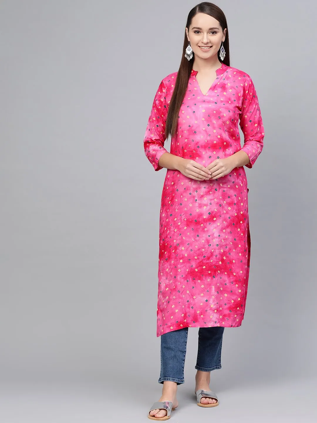 Magenta Bandhini Kurta With Mandarin Collar With 3/4 Sleeves