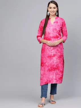 Magenta Bandhini Kurta With Mandarin Collar With 3/4 Sleeves