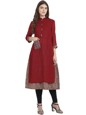 Maroon 3/4Th Sleeve Cotton A-Line Kurta With Maroon Georgette Layer