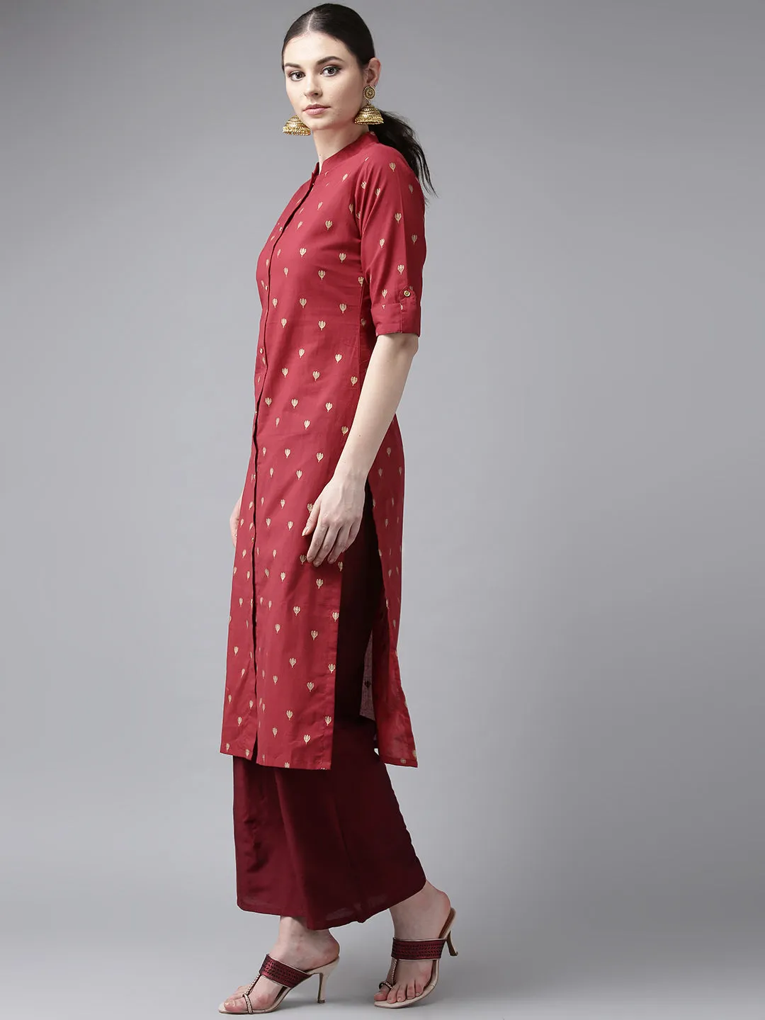 Maroon & Golden Block Printed Straight Kurta