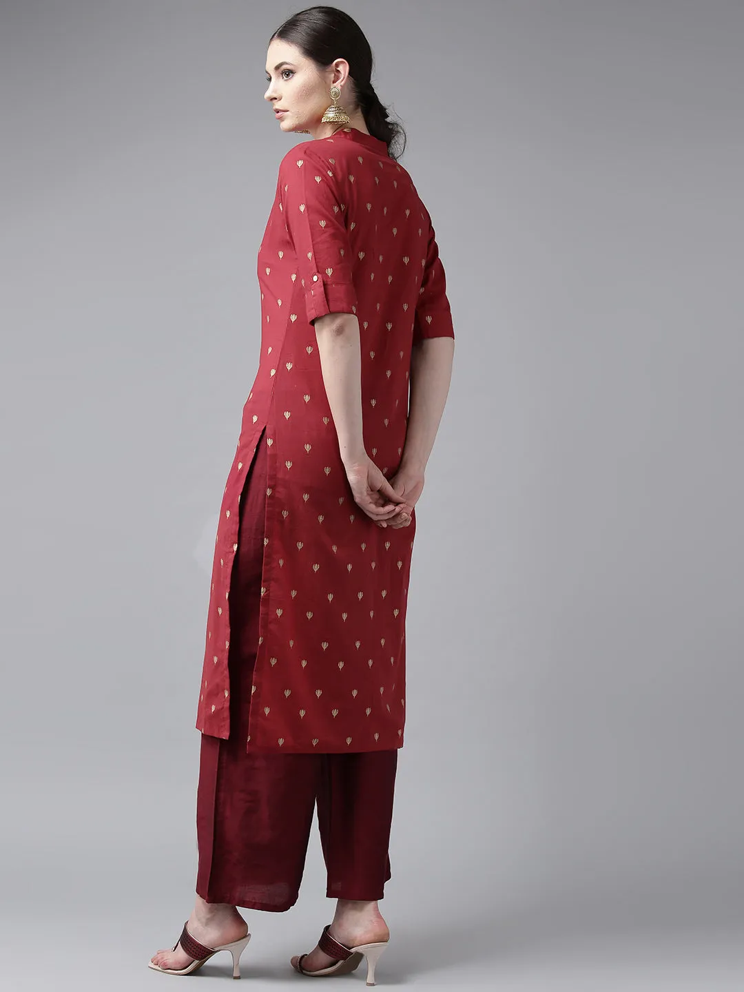 Maroon & Golden Block Printed Straight Kurta