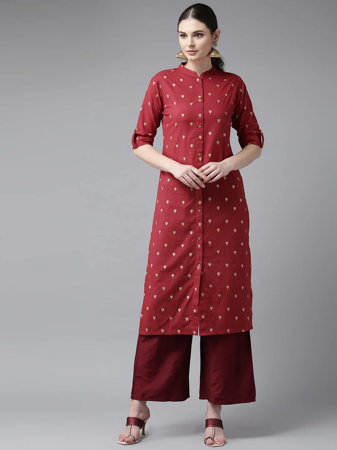 Maroon & Golden Block Printed Straight Kurta