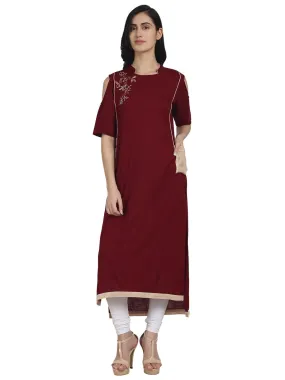 Maroon Cotton Cold Shoulder Half Sleeve Low High Kurta With Embridery Work