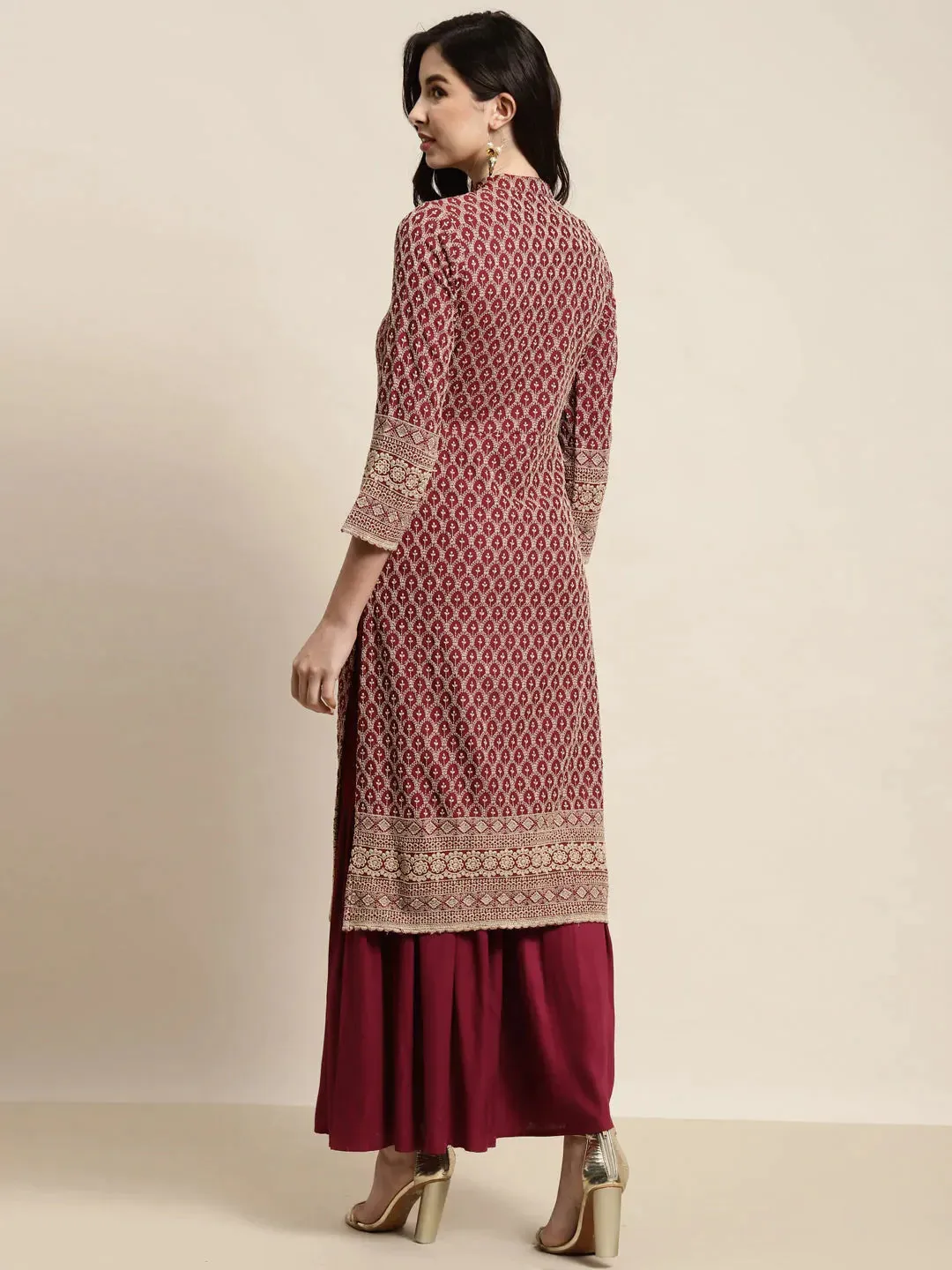 Maroon Embroidered Kurta With Sharara