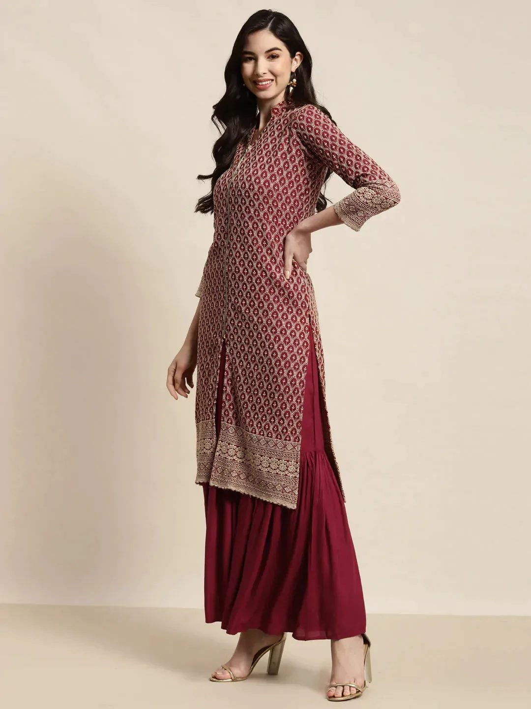 Maroon Embroidered Kurta With Sharara