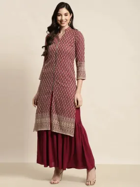 Maroon Embroidered Kurta With Sharara