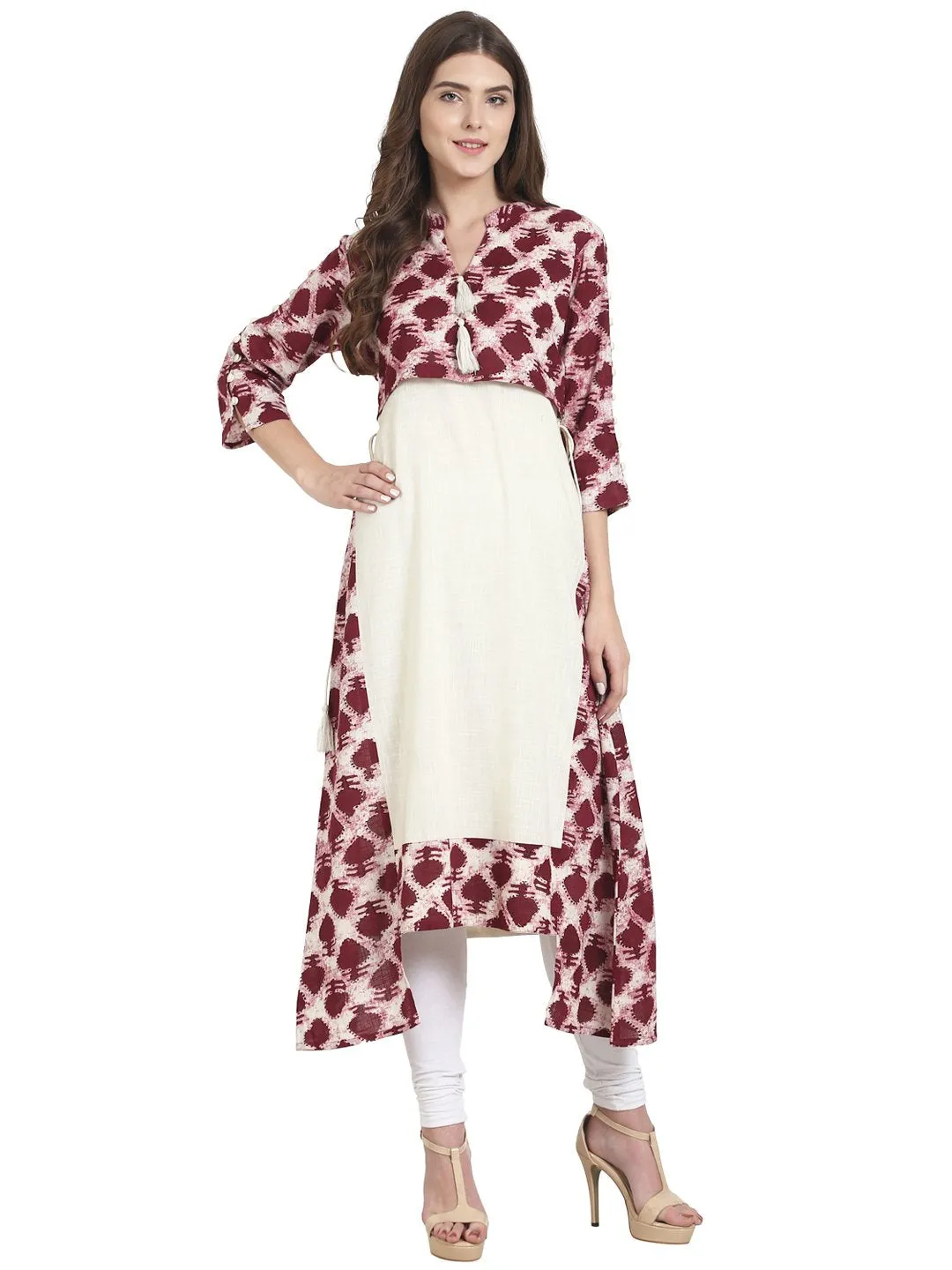 Maroon Printed 3/4Th Sleeve Cotton A-Line Kurta