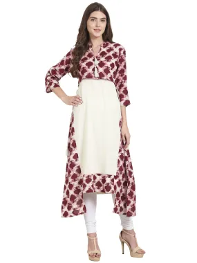 Maroon Printed 3/4Th Sleeve Cotton A-Line Kurta