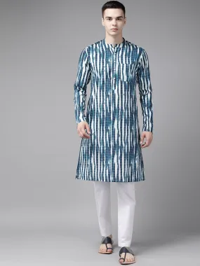 Men Blue Multi Tie And Dye Print Design Straight Kurta
