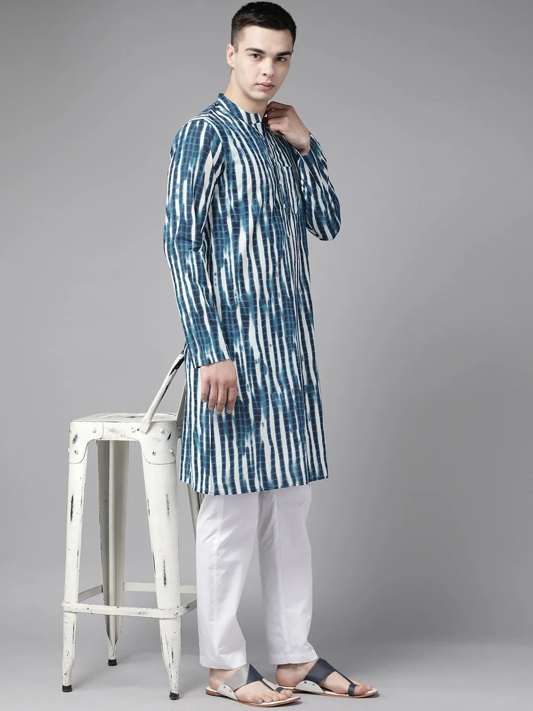 Men Blue Multi Tie And Dye Print Design Straight Kurta