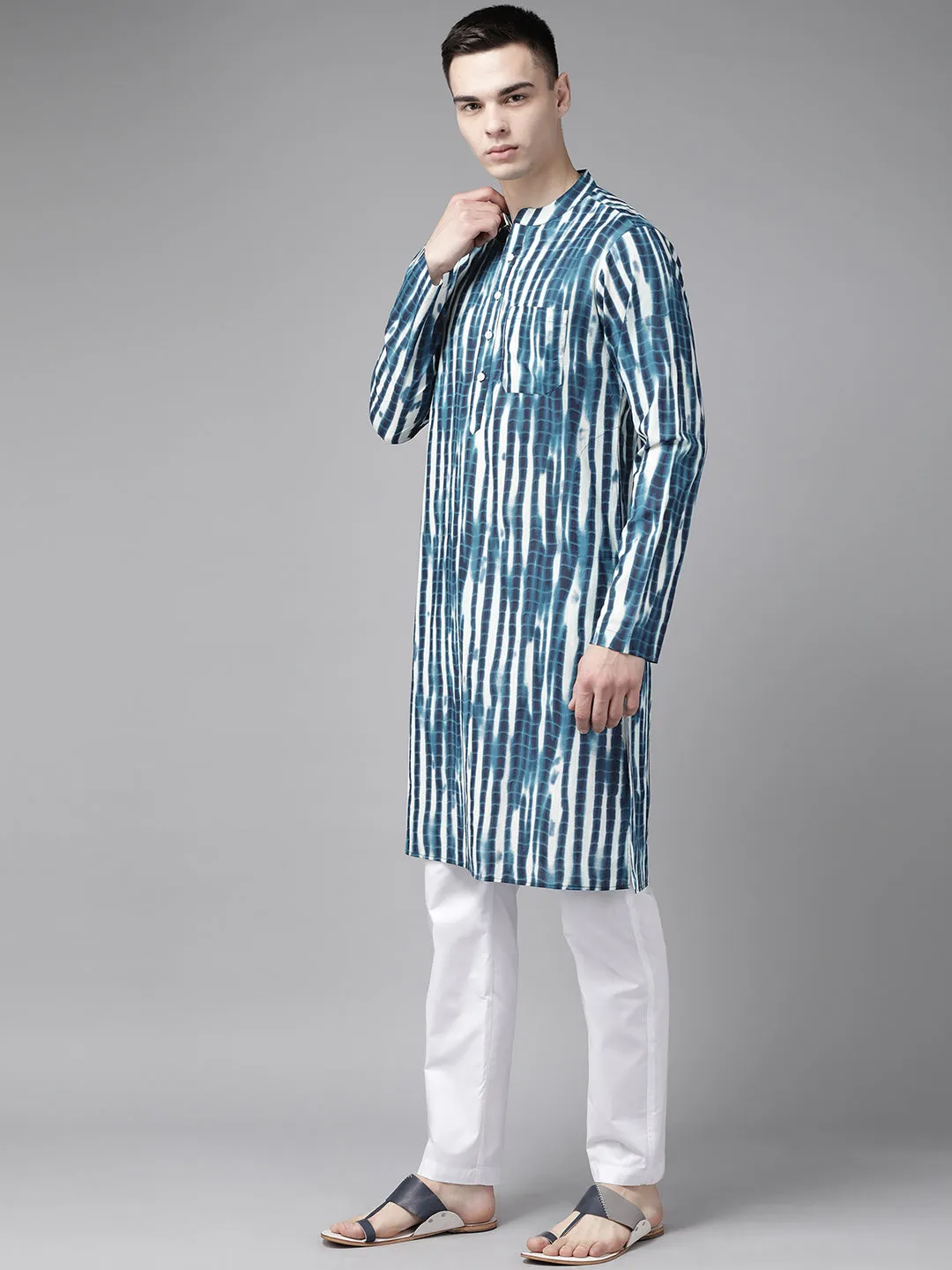 Men Blue Multi Tie And Dye Print Design Straight Kurta