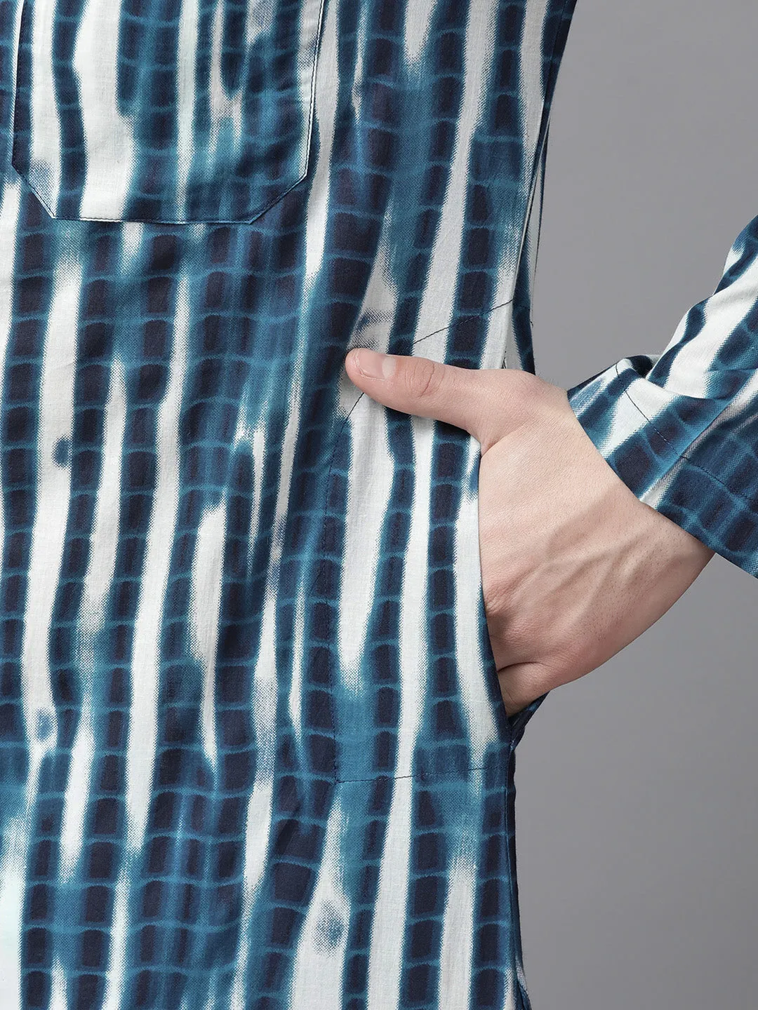 Men Blue Multi Tie And Dye Print Design Straight Kurta