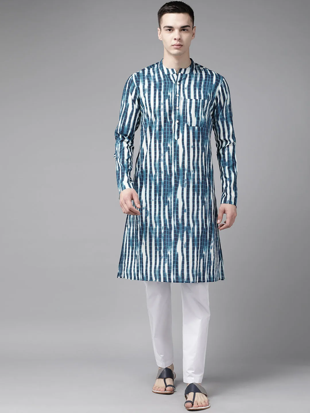 Men Blue Multi Tie And Dye Print Design Straight Kurta