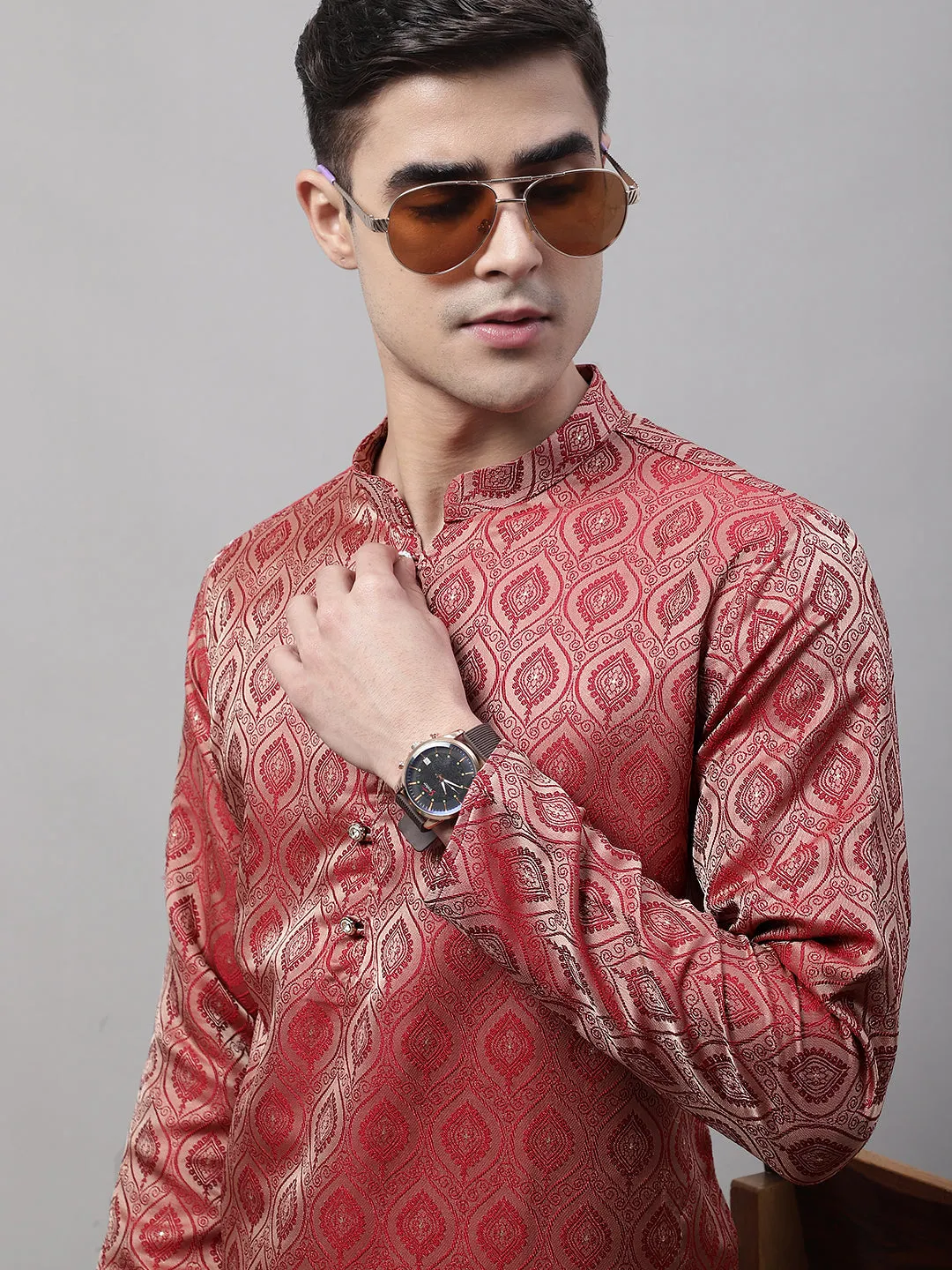 Men Ethnic  Maroon Woven Design Kurta With Pyjamas