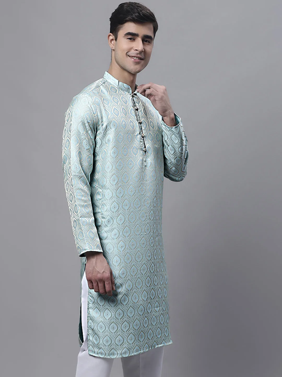 Men Ethnic  Sky Blue Woven Design Kurtas