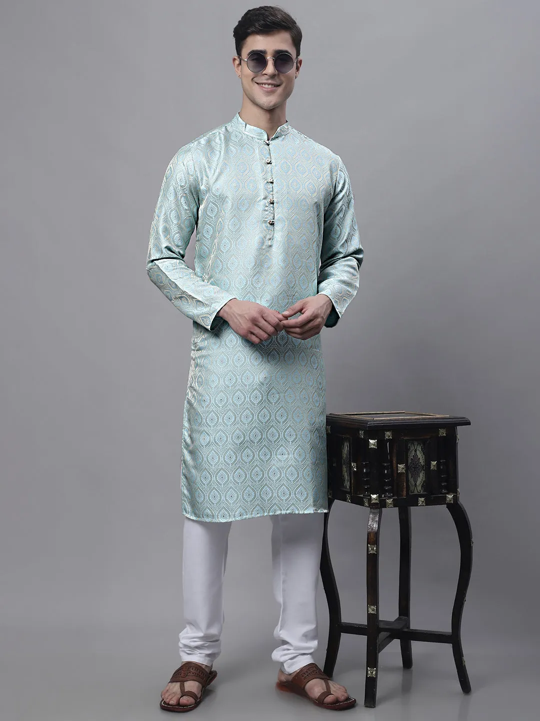 Men Ethnic  Sky Blue Woven Design Kurtas