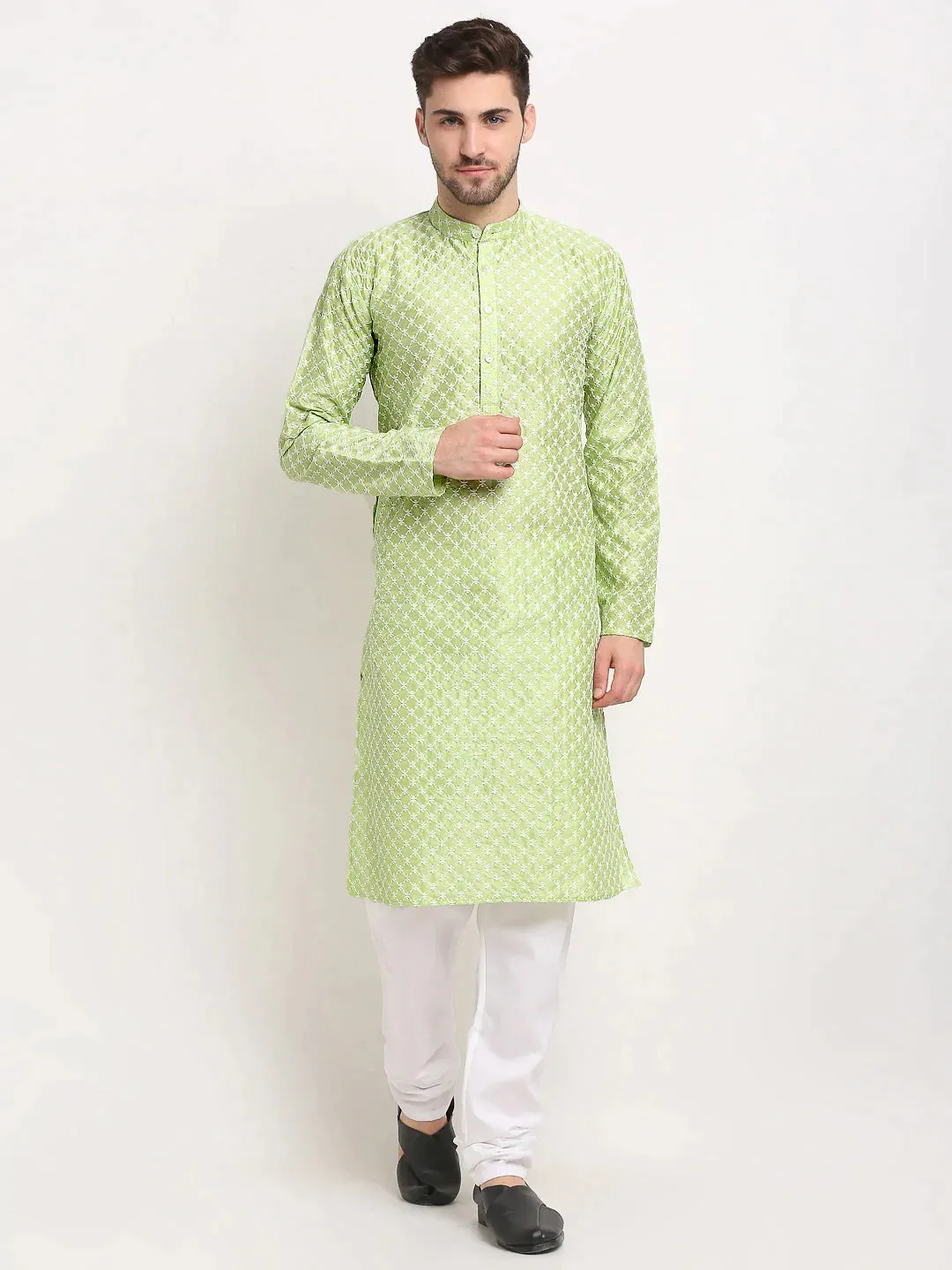 Men Green Chikankari Kurta With Churidar