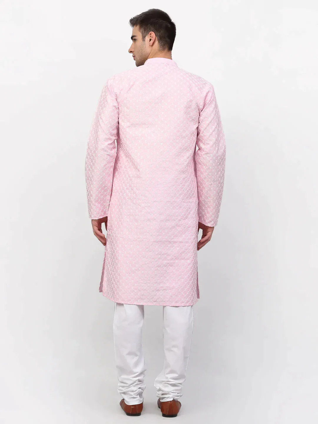 Men Pink Chikankari Kurta With Churidar