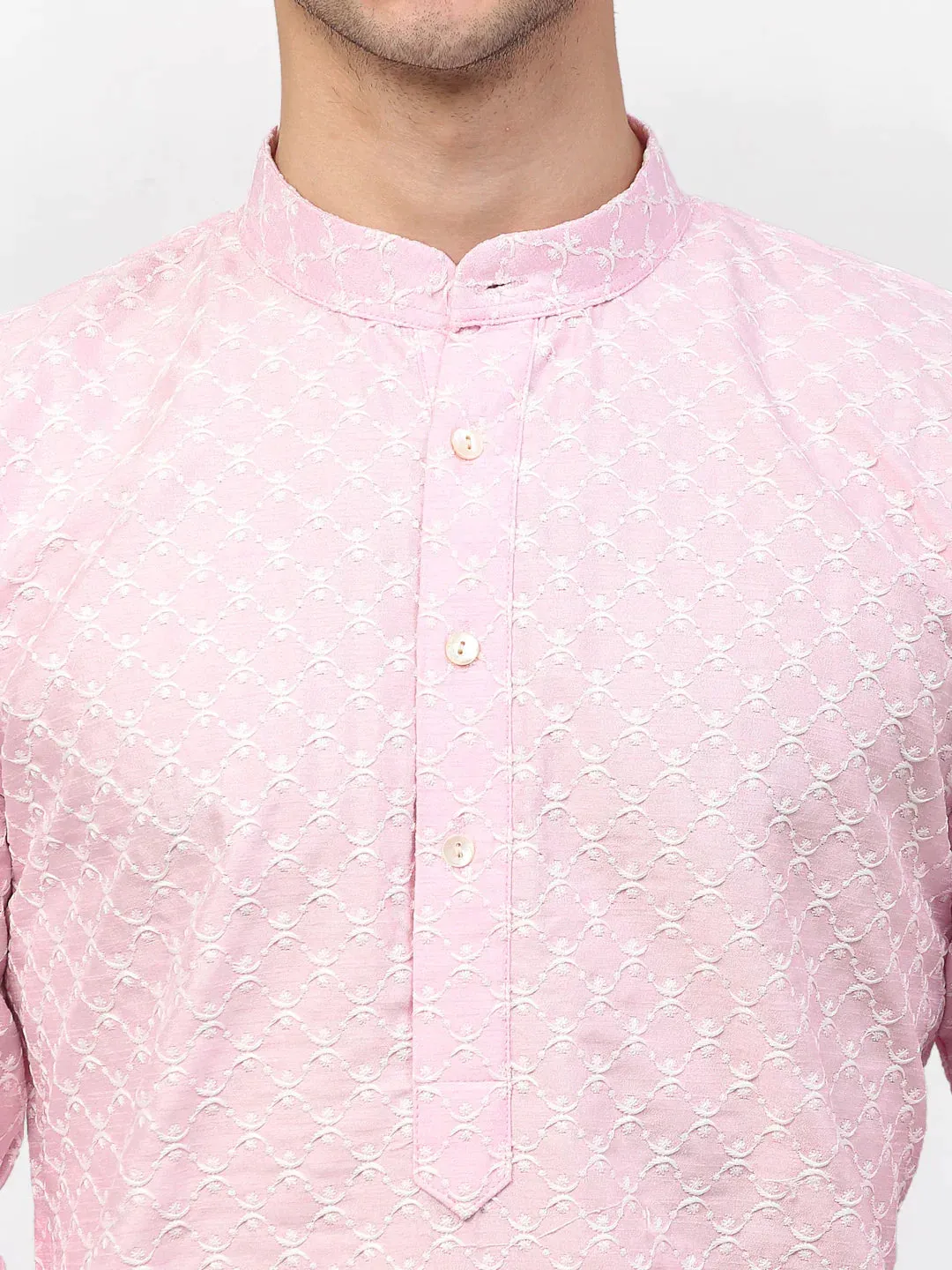 Men Pink Chikankari Kurta With Churidar
