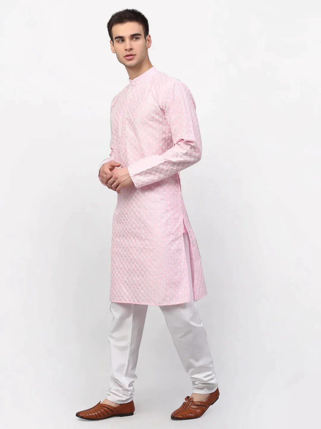 Men Pink Chikankari Kurta With Churidar