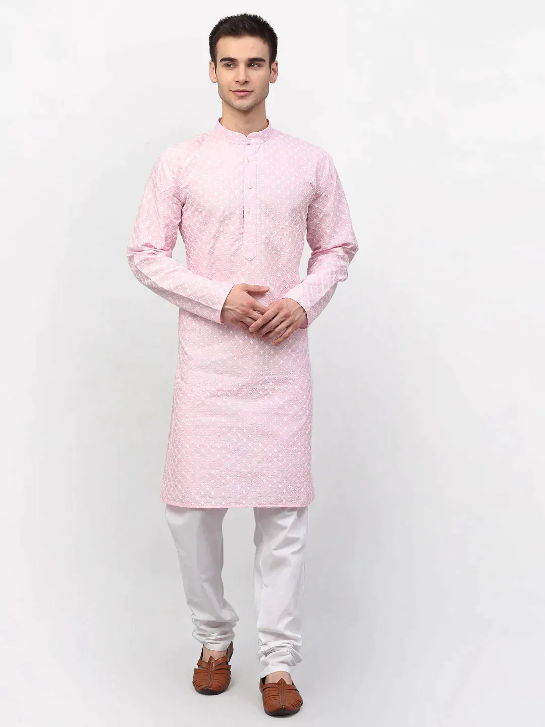 Men Pink Chikankari Kurta With Churidar