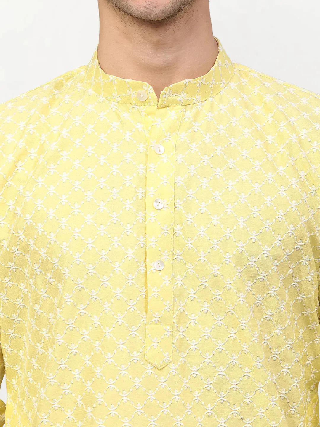 Men Yellow Chikankari Kurta With Churidar