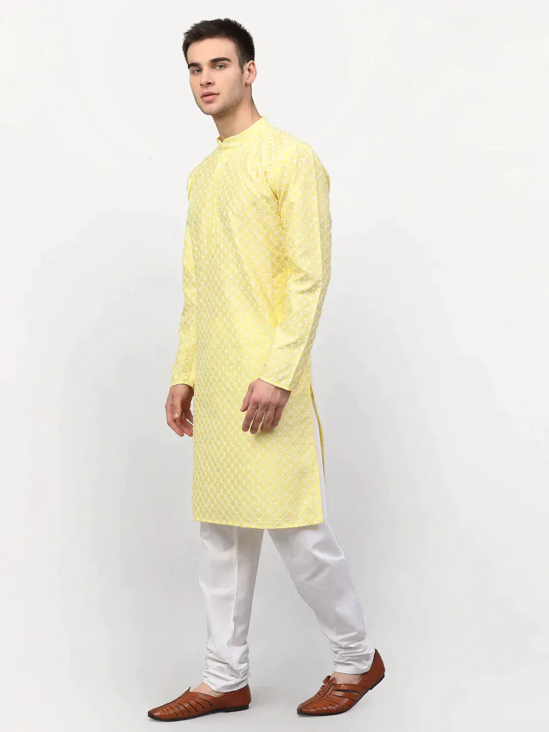 Men Yellow Chikankari Kurta With Churidar