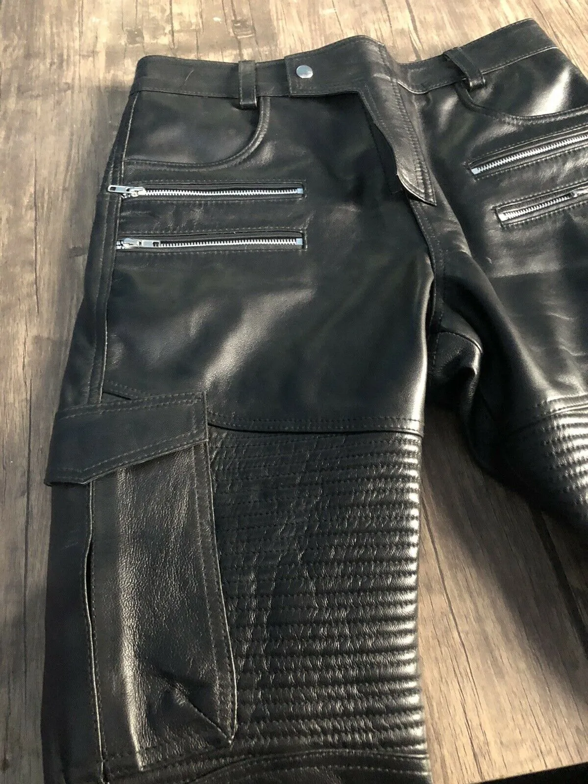 Mens Genuine Leather Black Pants Biker Slim Fit Sheep Leather - Handmade
