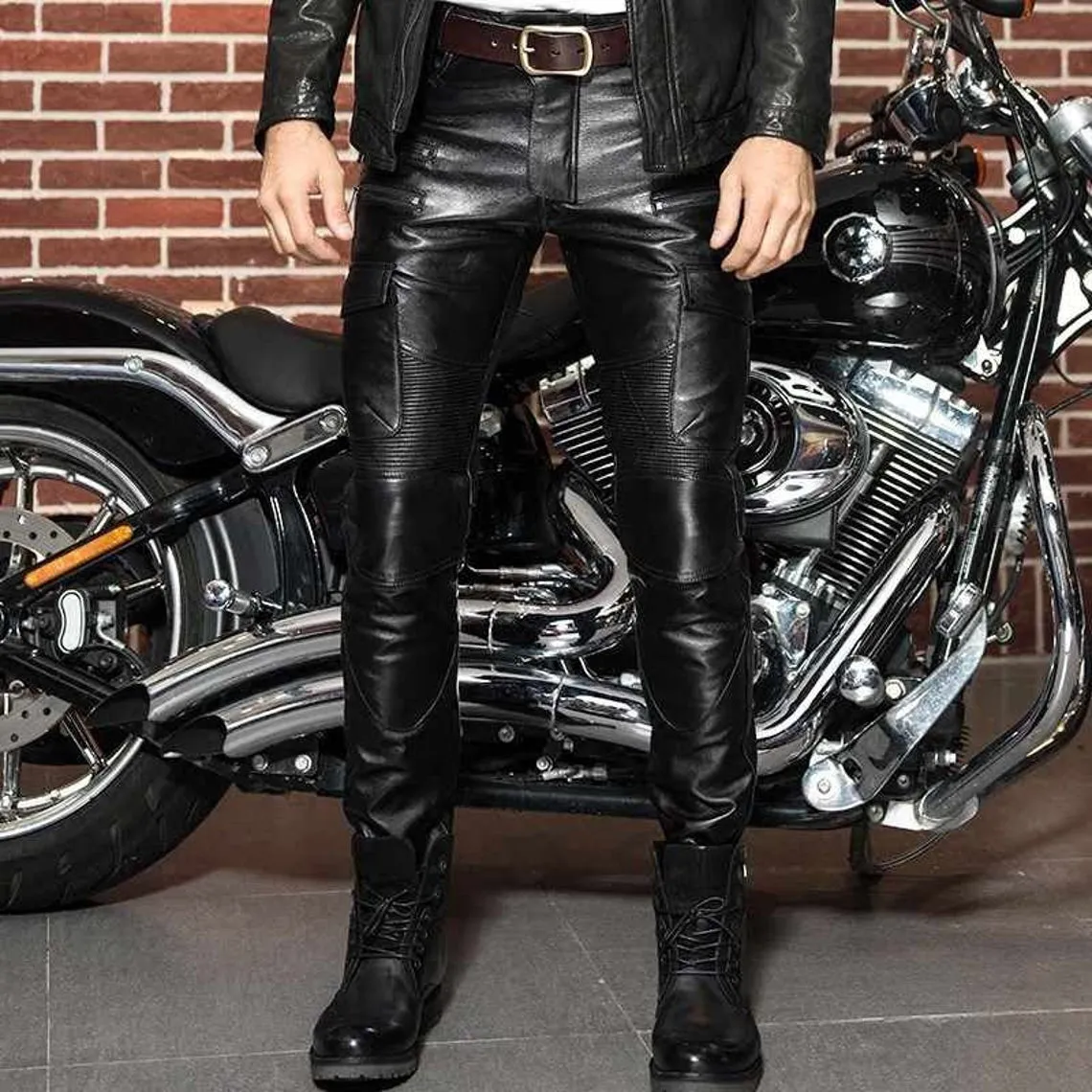 Mens Genuine Leather Black Pants Biker Slim Fit Sheep Leather - Handmade