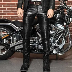 Mens Genuine Leather Black Pants Biker Slim Fit Sheep Leather - Handmade