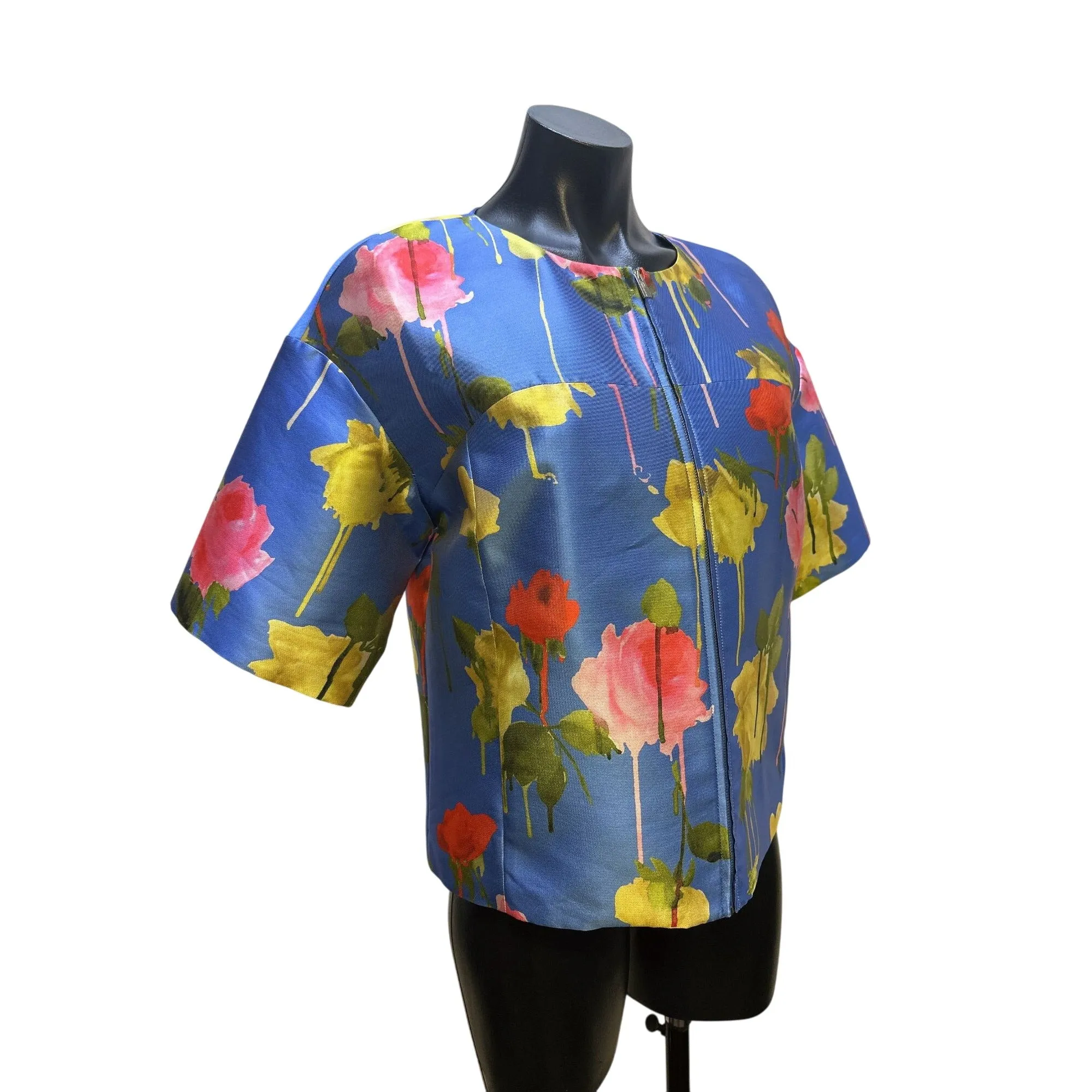 NWT Blumarine Floral Print Blue Short-Sleeve Zip-Front Jacket Size 4