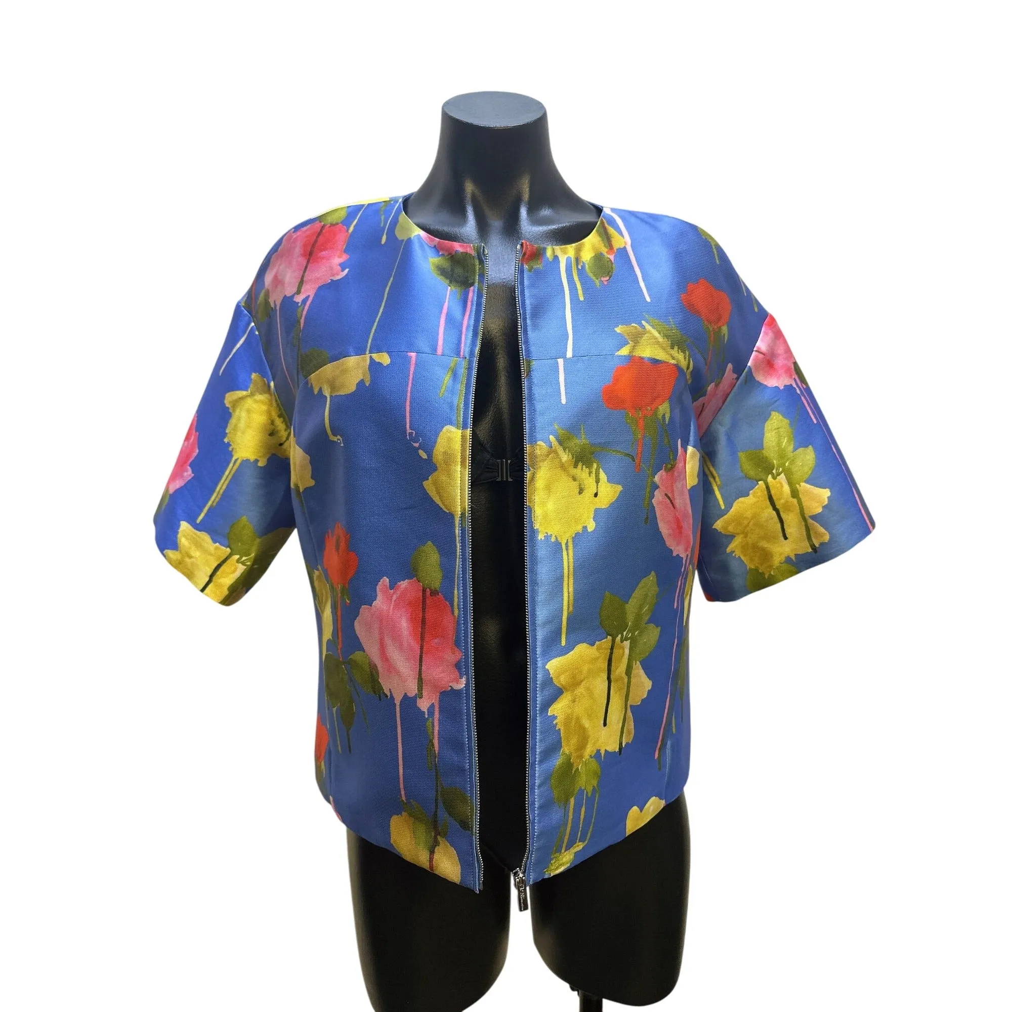 NWT Blumarine Floral Print Blue Short-Sleeve Zip-Front Jacket Size 4