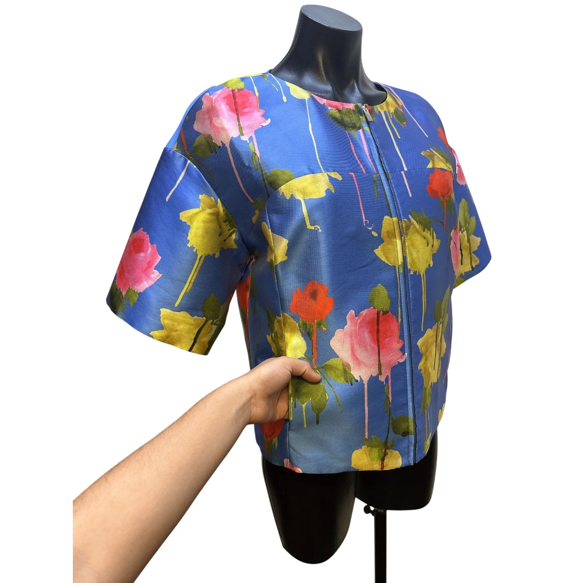 NWT Blumarine Floral Print Blue Short-Sleeve Zip-Front Jacket Size 4