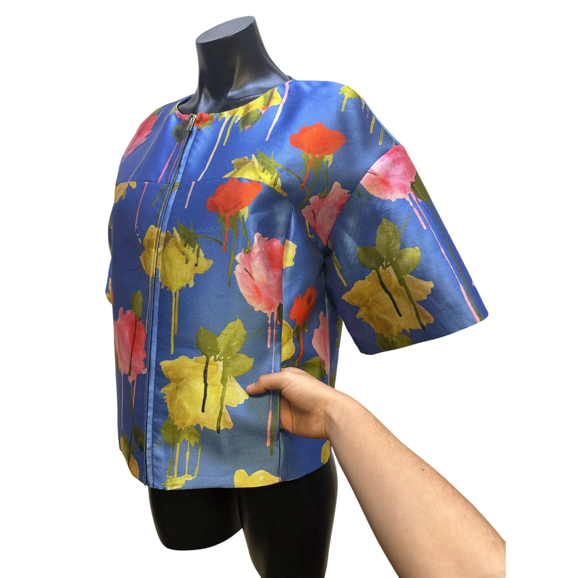 NWT Blumarine Floral Print Blue Short-Sleeve Zip-Front Jacket Size 4