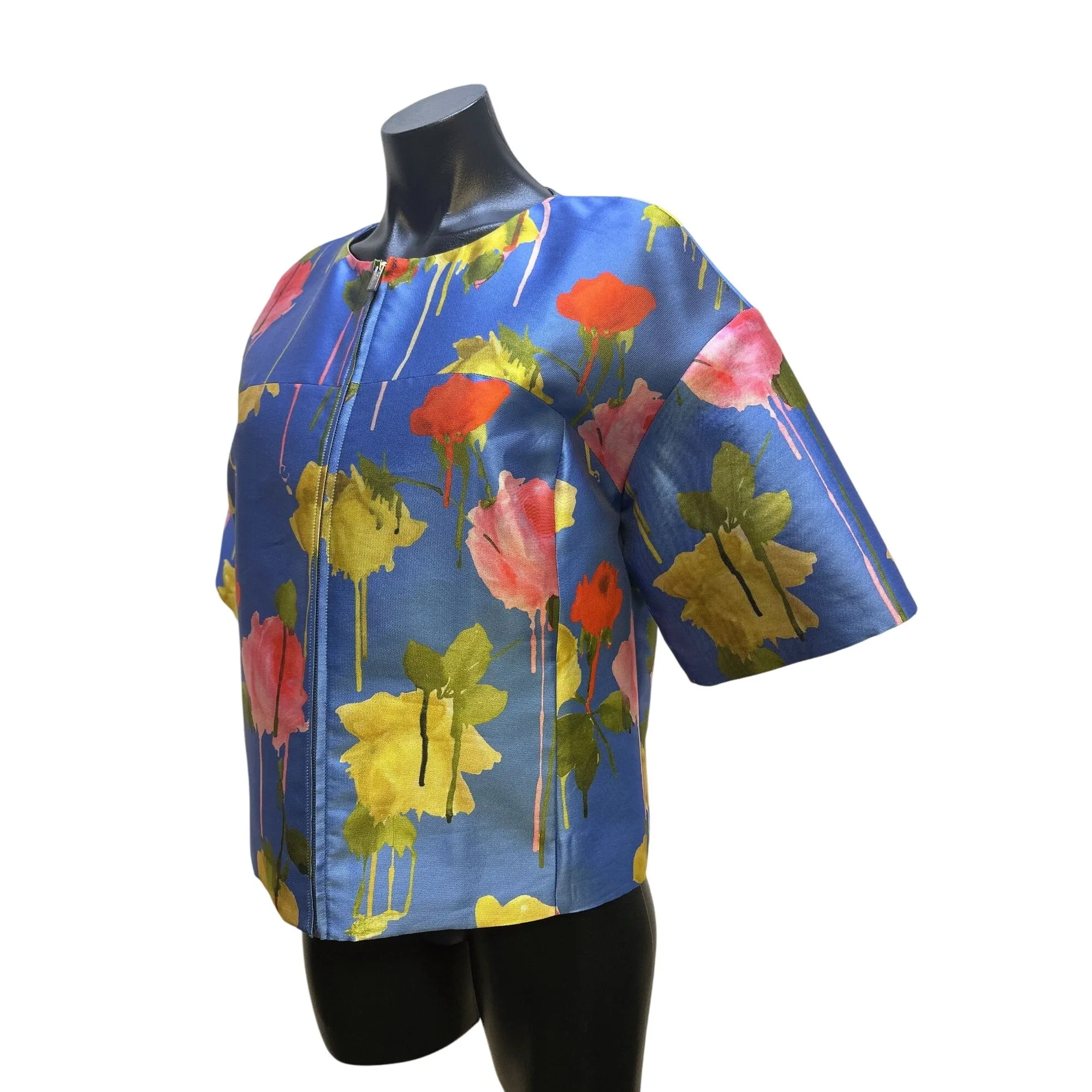 NWT Blumarine Floral Print Blue Short-Sleeve Zip-Front Jacket Size 4