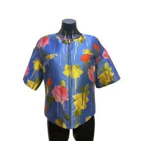 NWT Blumarine Floral Print Blue Short-Sleeve Zip-Front Jacket Size 4