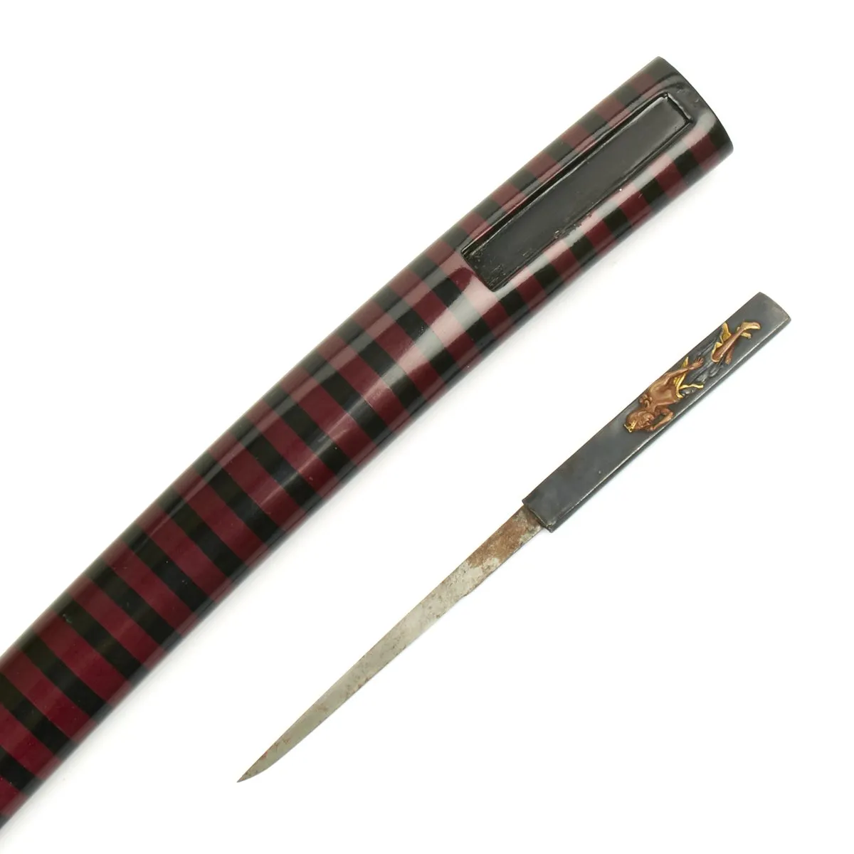 Original Japanese Ancient Wakizashi Sword by TOMOYUKI with Kogatana Knife in Lacquered Scabbard - Signed Blades